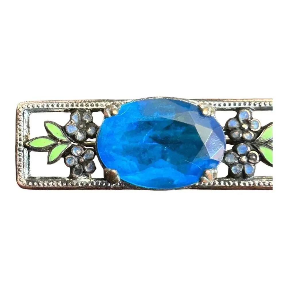 Art Deco Cobalt Blue Glass and Floral Enamel Bar Pin